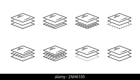 Material layer icons. Fabric, fiber, paper, filter or waterproof level layer stacks. Paper sheet stack, construction panel merge or textile material b Stock Vector