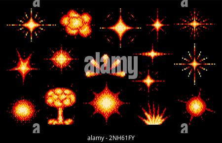 Pixel explosion. Retro videogame weapon shot flame burst, 8 bit game bomb fire trace, explosive detonation trail or air attack blast fire vector flash Stock Vector