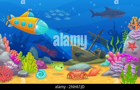 Underwater landscape. Yellow submarine or bathyscaphe on sea bottom. Sea animal and plants landscape vector background or wallpaper with sunken ship, Stock Vector