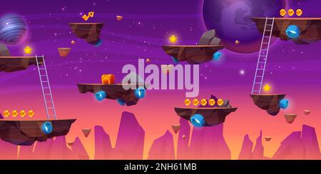 Flying rock islands vector game space background landscape. Cartoon planet in galaxy for arcade videogame. 2d ui level map with floating platform with gold goin in fantasy universe. World asset design Stock Vector