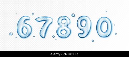 Realistic water number type in vector on transparent background. Isolated drop font with oil texture, splash and fluid effect. Jelly wet typography set. Glossy collection with aqua text. Stock Vector