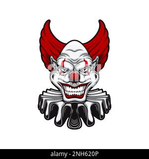 Circus scary clown smiling face. Nightmare jester, horror movie evil clown or Halloween monster vector character, crazy comedian personage isolated he Stock Vector