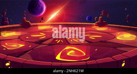 Ancient stone arena for game battle in space. Vector cartoon illustration of level platform with mysterious antique rune symbols glowing with orange lava light, planets and stars in dark night sky Stock Vector