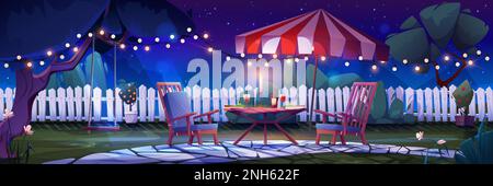 Night backyard with romantic party for two. Vector cartoon illustration of table served for dinner with wine bottle and glasses, garden with swing on tree decorated with garlands under starry sky Stock Vector