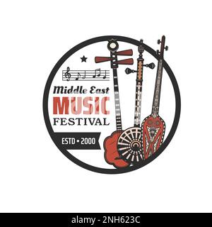 Middle east music festival icon. Arabic ethnic string music instruments live concert retro emblem, oriental persian culture festival show vintage circ Stock Vector