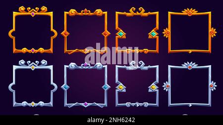 Set of fantasy square game frames isolated on background. Vector cartoon illustration of fancy medieval borders made of silver and gold, decorated with ornament and gems. Ui symbol of royal rank, level Stock Vector