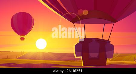 Hot air balloons flying in sky above field landscape. Vector cartoon illustration of beautiful sunrise on horizon, colorful pink and yellow morning sky penetrated by sun rays. Dream travel, adventure Stock Vector