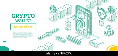 Isometric Crypto Wallet Connected to Blockchain. Cryptocurrency Industry. Outline Concept of Blockchain Technology with Cubes. Vector Illustration. Stock Vector