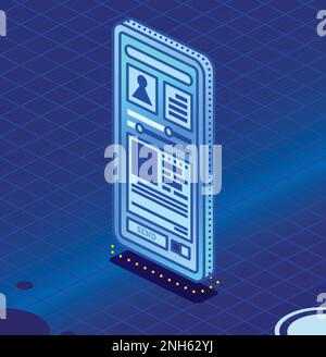 Smartphone. Vector Illustration. Isometric Modern Digital Device on Blue Background. Display with Touchscreen. Outline Concept. Stock Vector