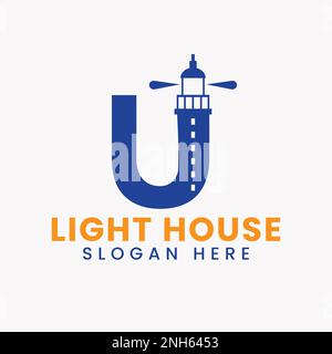 Letter U Light House Logo Vector Concept. Light House Logotype Stock Vector