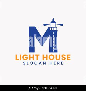 Letter M Light House Logo Vector Concept. Light House Logotype Stock Vector