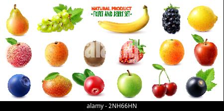 Realistic set of berries and fruits with pear apple strawberry banana lemon kiwi isolated on white background vector illustration Stock Vector