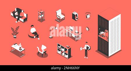 Office furniture workplace coffee machine documents files desk laptop building employees isometric elements set background vector illustration Stock Vector