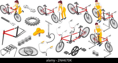 Bicycle repair male female mechanics service isometric set with tandem bike pump saddle wheels frame vector illustration Stock Vector