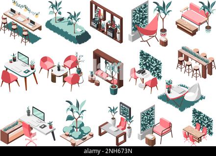 Green office isometric recolor icon set with ecological furnish and indoor plant vector illustration Stock Vector