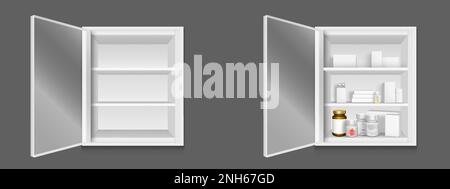 Realistic set of open medical cabinets isolated on background. Vector illustration of empty box with glass door, bottles and boxes of drugs, pills, tablets on shelf. Medication organizer in bathroom Stock Vector