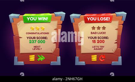 Cartoon set of win and lose game boards isolated on background. Vector illustration of wooden frame with score and stars on paper, next level, try again buttons. Game app interface design elements. Stock Vector
