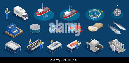 Fish industry seafood production isometric set with isolated icons of marine products fishing facilities and people vector illustration Stock Vector