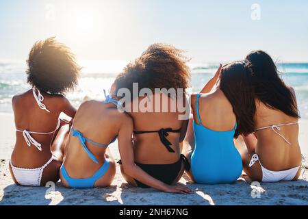 A friendship for every season. Rearview shot of a group of young women relaxing together at the beach. Stock Photo