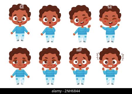 Big set kids emotions. Cute black ethnicity boy with different facial expressions and feelings - happiness, crying, anger, smile, delight, wonder. Vec Stock Vector