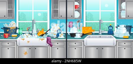 Dirty and clean kitchen background with washing dishes symbols flat vector illustration Stock Vector