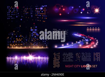 Night city lights set with flashing windows of high buildings motorway car headlights and river bridges vector illustration Stock Vector