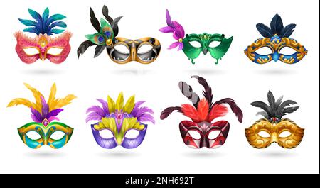 Ladies venetian carnaval masquerade colorful eye masks with feathers realistic set white background shadow isolated vector illustration Stock Vector