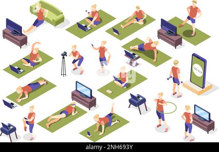 Fitness online isometric set of people sitting and lying on mat or standing in various pose in front of TV or laptop vector illustration Stock Vector