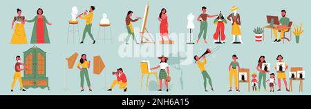 Creative professions color set with artist musician and singer flat isolated vector illustration Stock Vector