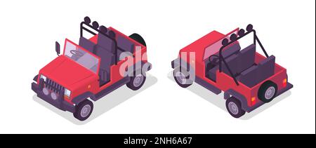 Safari colored and isometric icon set with two red pickup trucks for safari travel vector illustration Stock Vector