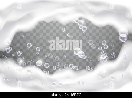 Bath foam realistic vector illustration on transparent background. White soap suds with rainbow air bubbles, shampoo bubbles or foaming detergent texture, frame or border for design Stock Vector