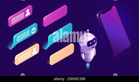 Chatbot technology, isometric set vector illustration. Ultraviolet background with mobile phone, artificial intelligence or robot figure, text bubble or message icons, interface design elements Stock Vector