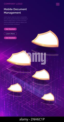 Mobile document manager business concept vector isometric illustration. White-gold shields over electronic data stream or waterfall, protection and information management on ultraviolet background Stock Vector