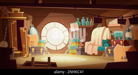 House attic with old broken furniture, dust flying in air and spider web, cartoon vector background. Attic interior in wooden house with round window under roof, day sunlight on floor, broken wardrobe Stock Vector