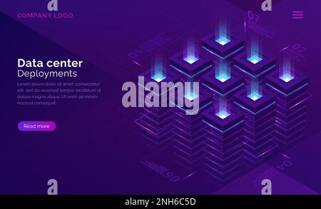 Date center isometric concept vector. Server room with racks, virtual supercomputer internet technology, database infographic infrastructure, cloud information storage on ultraviolet landing page Stock Vector