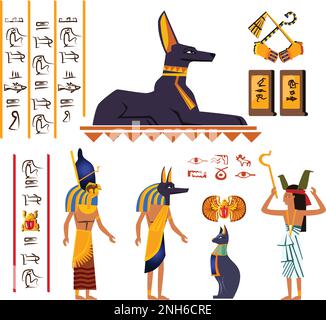 Ancient Egypt wall art or mural element cartoon vector. Monumental painting with hieroglyphs and Egyptian culture symbols, ancient gods and human figure, priest, isolated on white background Stock Vector