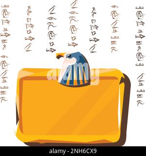 Stone board or clay tablet with falcon head and Egyptian hieroglyphs cartoon vector illustration Ancient object for recording storing information, graphical user interface for game design on white Stock Vector