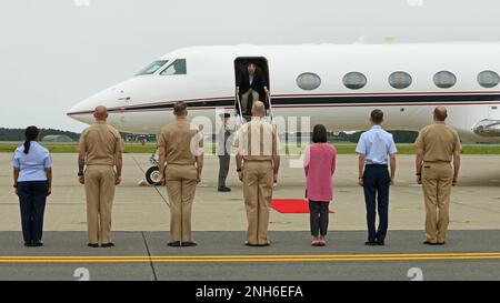 NAVAL AIR FACILITY MISAWA, Japan (July 20, 2022) - Secretary of the Navy Carlos Del Toro and his wife, Betty Del Toro, are greeted by Naval Air Facility Misawa and Misawa Air Base leadership at the Naval Air Facility Misawa passenger terminal on July 20, 2022. The Honorable Carlos Del Toro is conducting a tour of U.S. Indo-Pacific commands including Naval Air Facility Misawa. Stock Photo