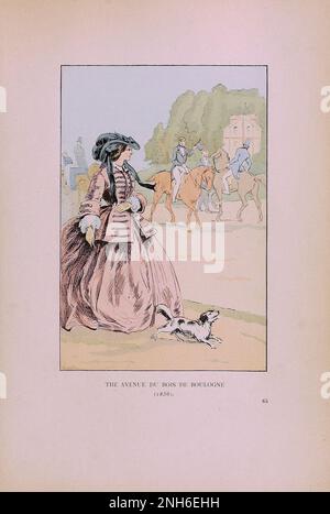 Vintage fashion in Paris. The Avenue du Bois de Boulogne, 1856.  The various phases of feminine taste and aesthetics from 1797 to 1897 Stock Photo