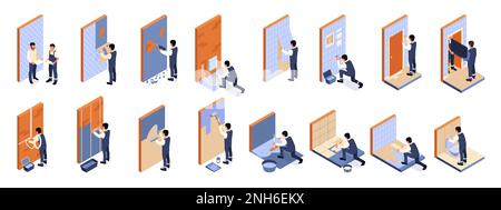 Home repair isometric icons set of installation of heating floor and plumbing dismantling of plaster pasting wallpapers vector illustration Stock Vector