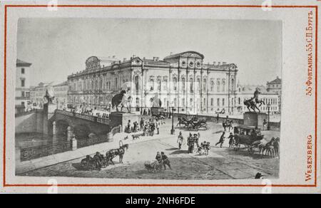 Urban environment of St. Petersburg: Anichkov Bridge with famous horse sculptures and Beloselsky-Belozersky Palace. 1870-1880 Stock Photo