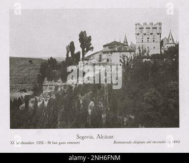 Architecture of Old Spain. Vintage photo of Alcázar of Segovia Alcázar of Segovia ('Segovia Castle'), located in the city of Segovia, Castile and León, Spain, dates from the early 12th century and is one of the most famous medieval castles in the world and one of the most visited monuments in Spain. Stock Photo
