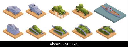 First world war military vehicles ships and armored tanks isometric vector illustration Stock Vector