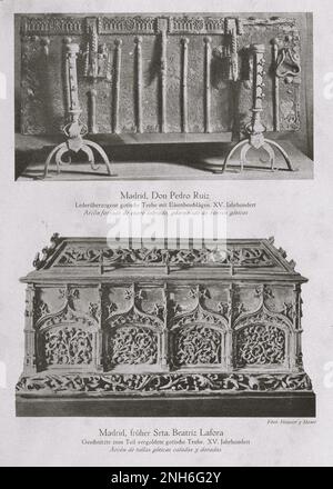 Art of Old Spain. Don Pedro Ruiz, Madrid. Vintage photo of leather covered Gothic chest with iron fittings. XV century (top) Beatriz Lafora, Madrid. Ornate partly gilded Gothic chest. XV century Stock Photo