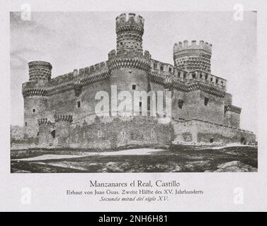 Architecture of Old Spain. Vintage photo of New Castle of Manzanares el Real, also known as Castle of los Mendoza. Built by Juan Guas. Second half of the XV century Stock Photo