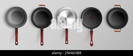 Realistic set of non stick frying pans with handles isolated on transparent background vector illustration Stock Vector
