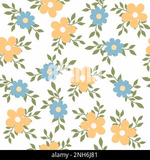 Blue and yellow flowers with leaves on white background. Simple floral seamless pattern. Romantic background. Hand drawn raster illustration. Stock Photo