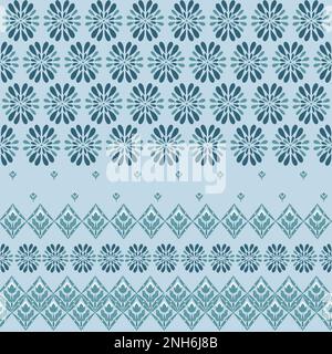 Rhombus and abstract flowers seamless pattern. Modern simple ornament in blue tones. Geometric monochrome background. Perfect for linen print and gift Stock Photo