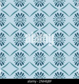 Seamless pattern with geometric motifs in blue tones on the light blue background. Romb and abstract symmetry flowers. Great for linen clothes, batik Stock Photo