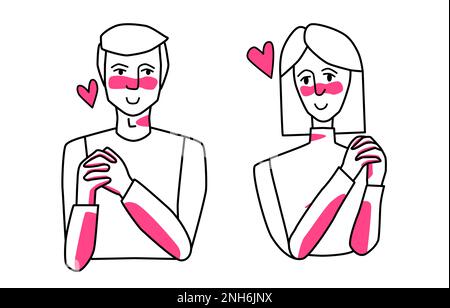 Tender man and woman in love, shy beloved husband and wife. Half body sketch style line drawing with pink spots. Stock Vector